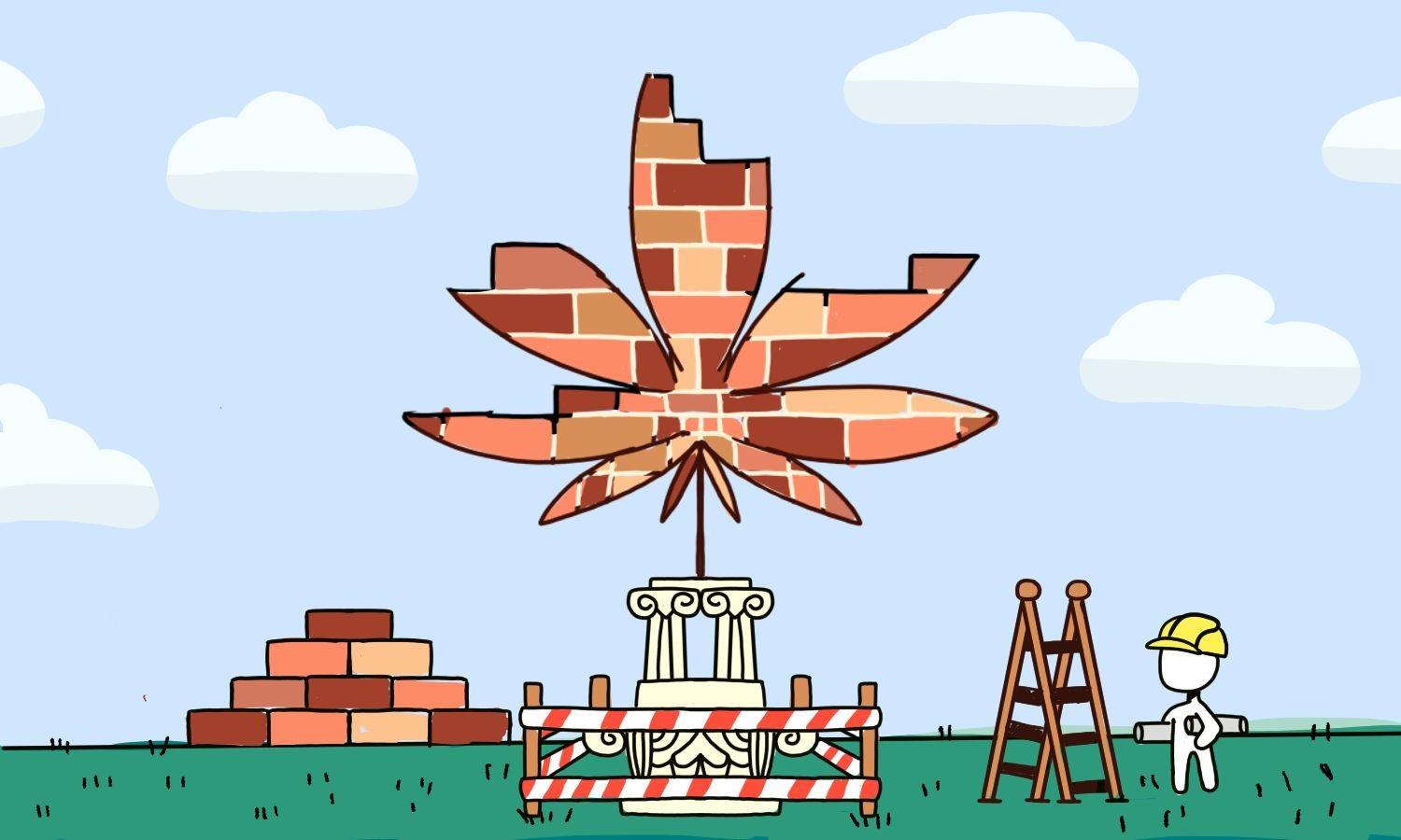 Illustration of cannabis leaf being built from brick like a building
