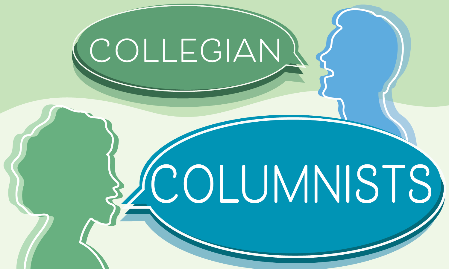 A blue and green graphic depicting two people conversing with text bubbles that say "Collegian Columnists."