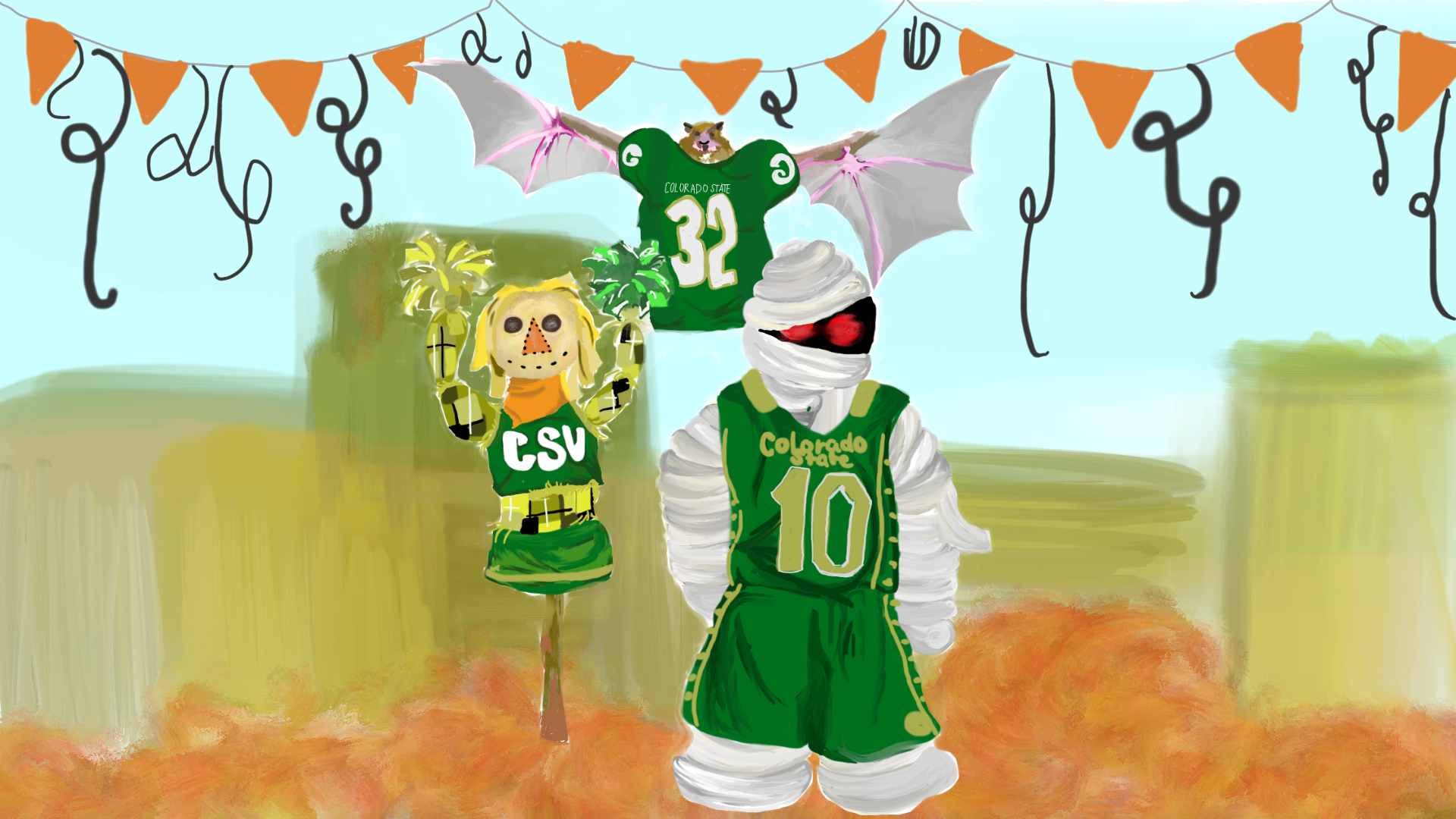 Illustration of several halloween figures dressed up in sports jerseys
