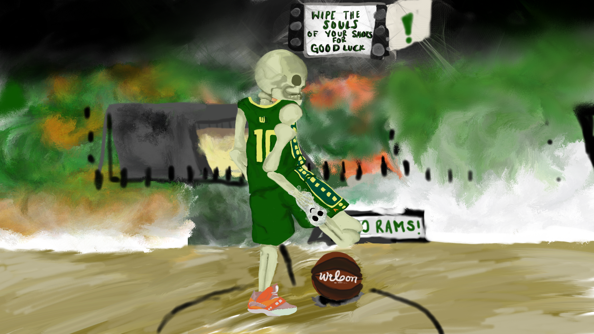 Skeleton basketball player wiping the sole of his shoe for good luch