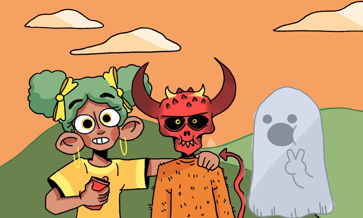 Illustration of a group of friends, one being a person, the second a demon, and the third a ghost holding up a peace sign