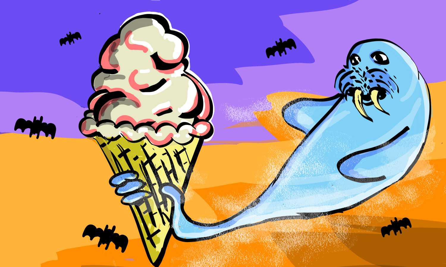 A blue walrus ghost holding onto a ice cream cone surrounded by bats