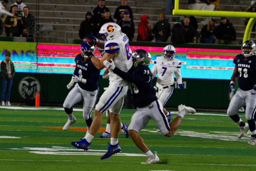 Colorado State tight end Trey Mcbride (85) catches a pass from quarterback Todd Centeio (7) Nov. 27.