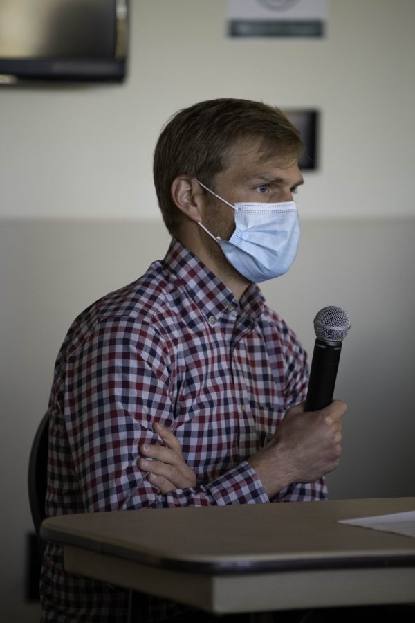 Adrian Macdonald speaks to a unionization at Colorado State University panel in the Lory Student Center Oct. 28. The panel was a discussion as well as a Question and answer to the public workers collective bargaining bill. (Garrett Mogel | The Collegian)