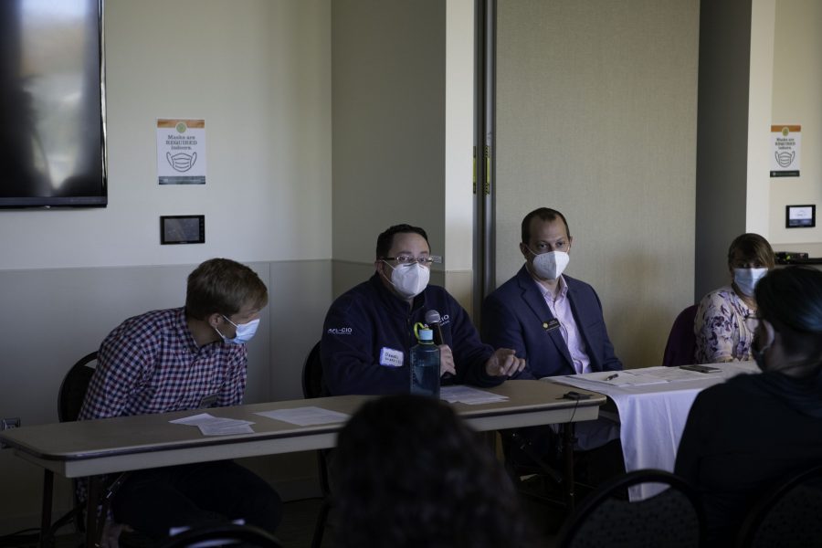Dennis Dougherty sits in the lory student center for a unionization at Colorado State University panel Oct. 28. The Panel discussed the public workers collective bargaining bill. (Garrett Mogel | The Collegian)