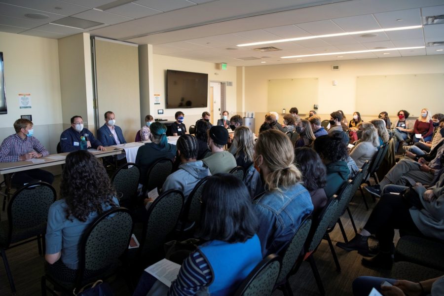 Audience members sit in the Colorado State University Lory Student Center for a unionization at CSU panel Oct. 28. The panel was a discussion as well as a Question and answer to the public workers collective bargaining bill. (Garrett Mogel | The Collegian)
