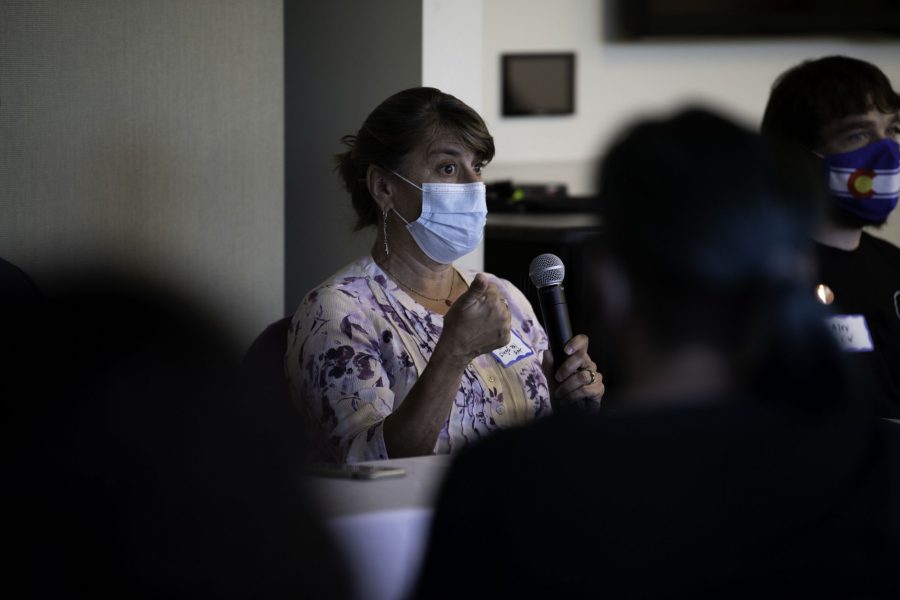 Carolyn Siegel sits in the Colorado State University Lory Student Center for a unionization at CSU panel Oct. 28. The panel was a discussion as well as a Question and answer to the public workers collective bargaining bill. (Garrett Mogel | The Collegian)