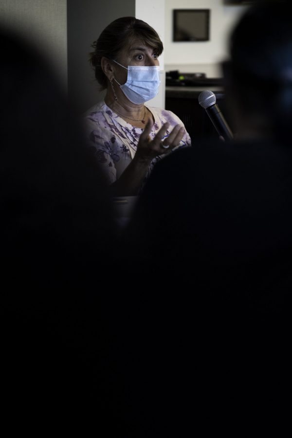 Carolyn Siegel sits in the Colorado State University Lory Student Center for a unionization at CSU panel Oct. 28. The panel was a discussion as well as a Question and answer to the public workers collective bargaining bill. (Garrett Mogel | The Collegian)