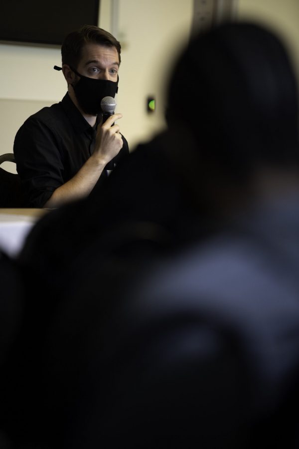 Alex Pelissero speaks to a unionization at Colorado State University panel in the Lory Student Center Oct. 28. The panel was a discussion as well as a Question and answer to the public workers collective bargaining bill. (Garrett Mogel | The Collegian)