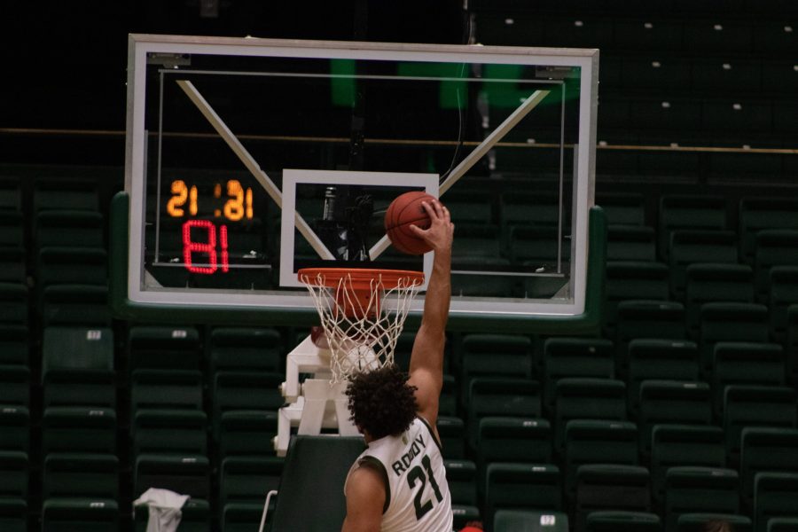 Colorado State forward David Roddy making a dunk against Adams state at the Moby Arena on Oct. 31. The game was won by CSU 92-55. (Mykyta Prykhodko | The Collegian)