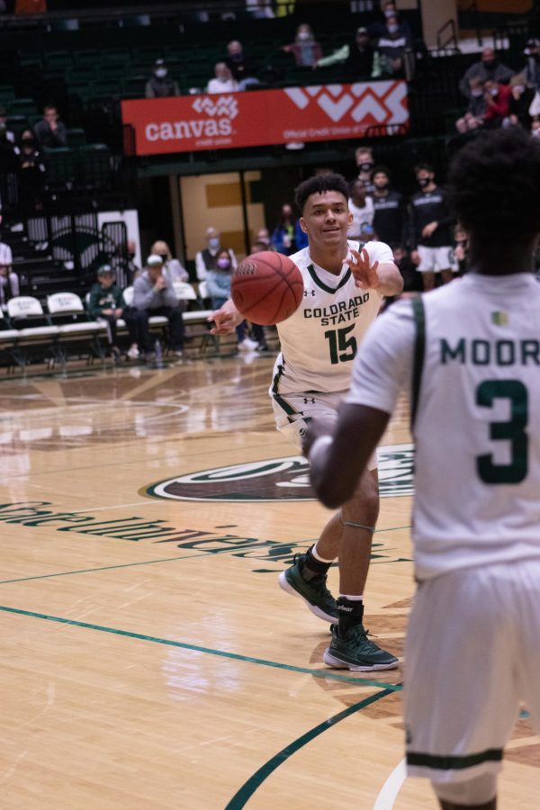 Colorado State guard Jalen Lake making a pass to his teammate Kendle Moore in a game against Adams State on Oct. 31. Colorado State won the game against Adams State 92-55. (Mykyta Prykhodko | The Collegian)