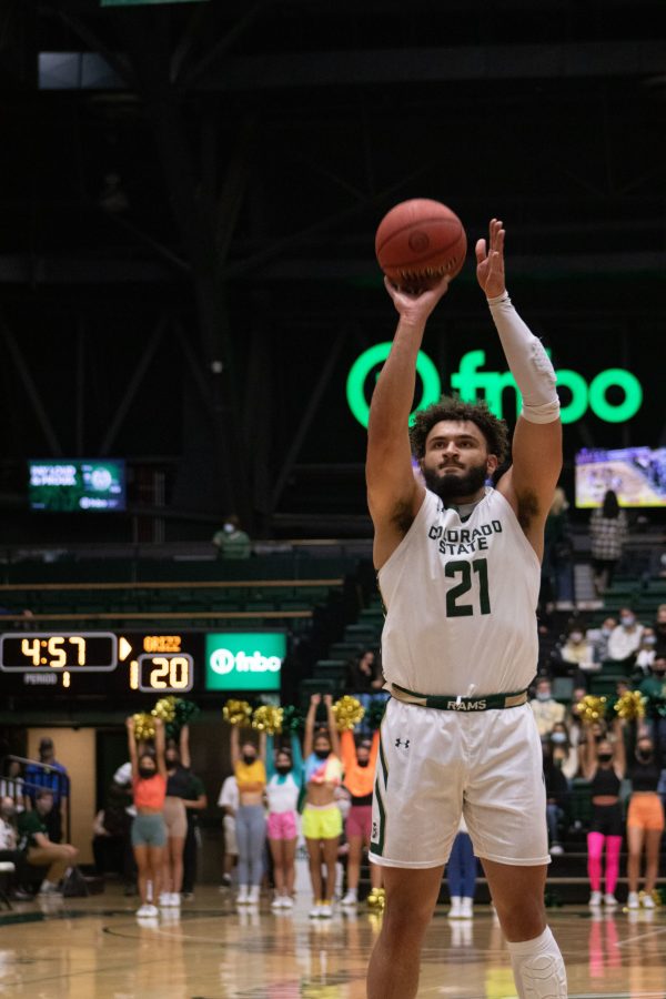 Colorado State forward David Roddy shooting a free through against Adams State on Oct. 31 at the Moby Arena. The game was won by the Rams 92-55. (Mykyta Prykhodko | The Collegian)