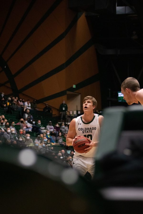 Colorado State forward/center attempting a free though against Adams State at the Moby Arena on Oct. 31. Colorado State won the game 92-55 against Adams State. (Mykyta Prykhodko | The Collegian)