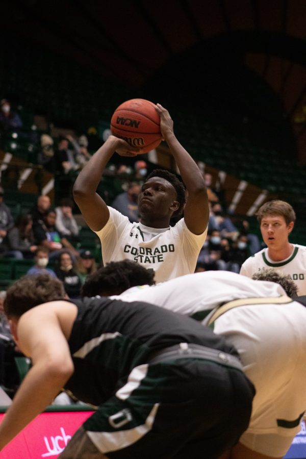Colorado State guard Isaiah Stevens attempts a free through against Adams State on Oct. 31 at the Moby Arena. The game was won by Colorado State 92-55. (Mykyta Prykhodko | The Collegian)