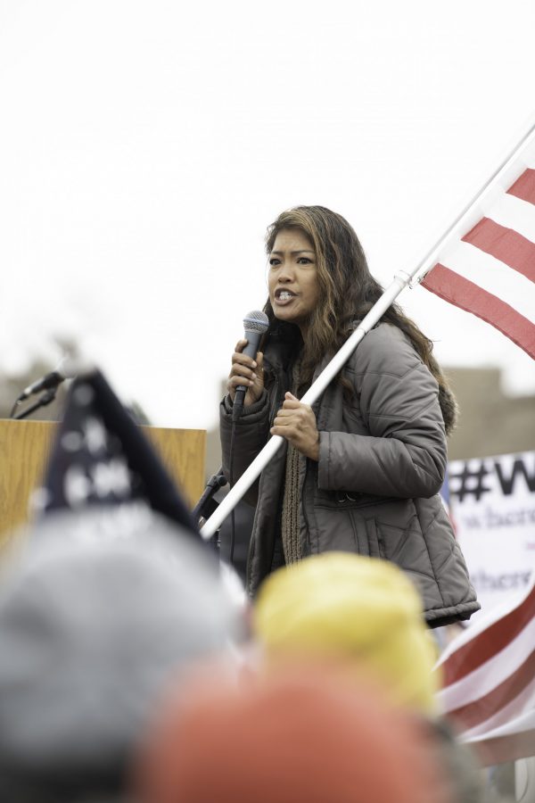 Michelle Malkin led a chant, “Our country, our choice.” at a rally against vaccine mandates Nov. 1. The rally took place outside the Larimer County Health Department Offices, 1525 Blue Spruce Drive Fort Collins. (Garrett Mogel | The Collegian)