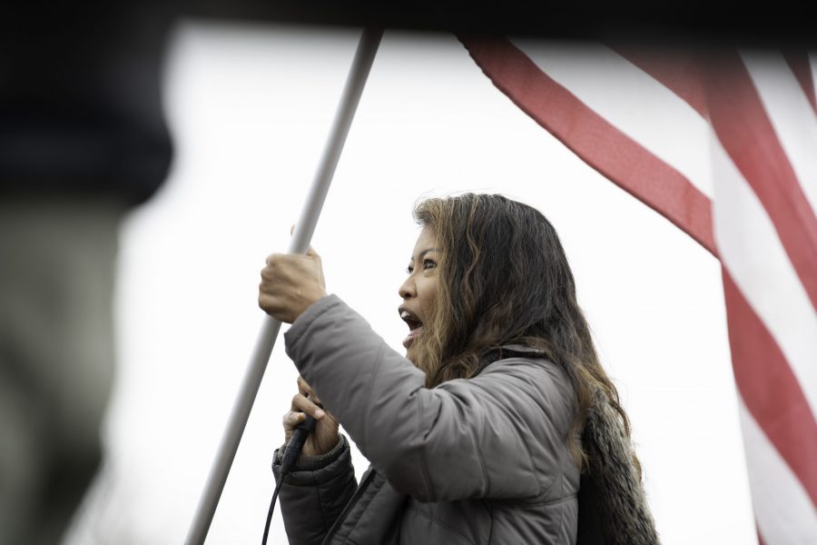 Michelle Malkin led a chant, “Our country, our choice.” at a rally against vaccine mandates Nov. 1. The rally took place outside the Larimer County Health Department Offices, 1525 Blue Spruce Drive Fort Collins. (Garrett Mogel | The Collegian)