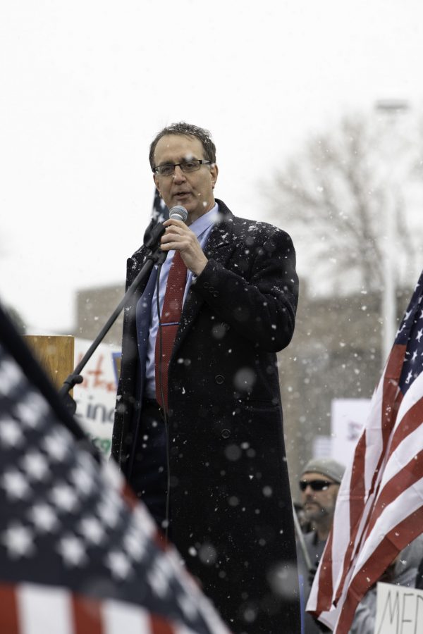 Dr. Michael Gaeta of The Gaeta Clinic and The Gaeta Institute spoke at a rally against vaccine mandates stating, “My role out here is to inspire people to get educated and take a stand for science and freedom.” Nov. 1. The rally took place outside the Larimer County Health Department Offices, 1525 Blue Spruce Drive Fort Collins Colorado. (Garrett Mogel | The Collegian)