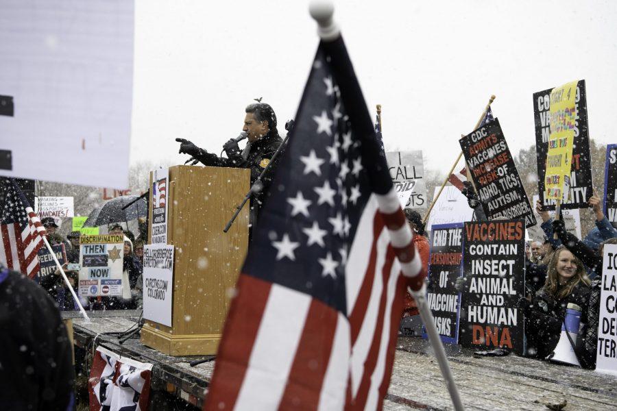 Greg Lopez, candidate for governor, speaks at a rally protesting the vaccine mandates. Nov. 1. The rally took place outside the Larimer County Health Department Offices, 1525 Blue Spruce Drive Fort Collins Colorado. (Garrett Mogel | The Collegian)