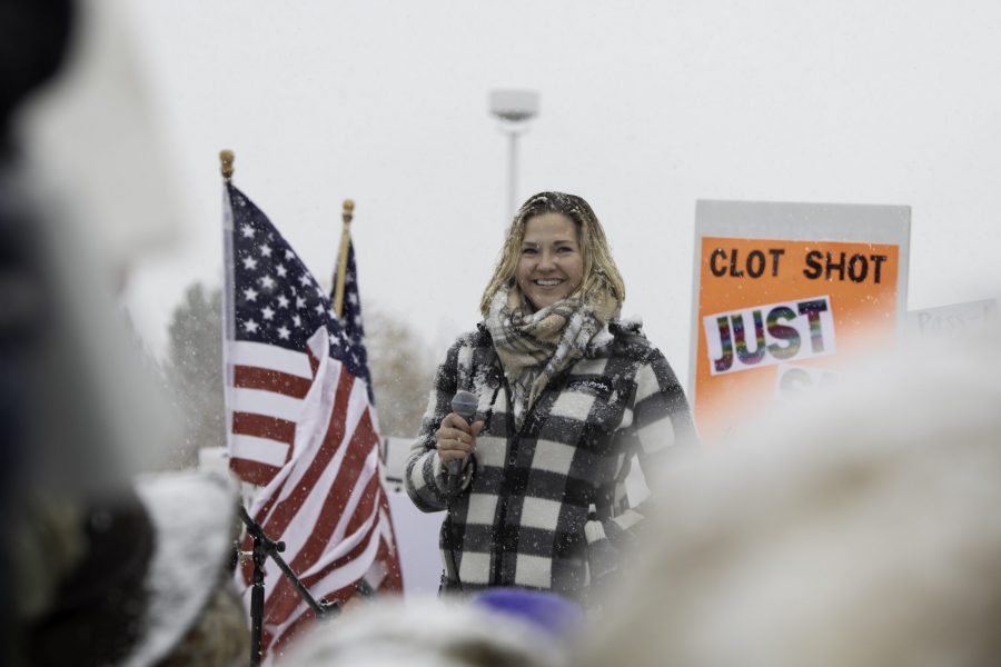 Danielle Neuschwanger speaks at a rally against vaccine mandates Nov. 1. The rally took place outside the Larimer County Health Department Offices, 1525 Blue Spruce Drive Fort Collins Colorado. (Garrett Mogel | The Collegian)