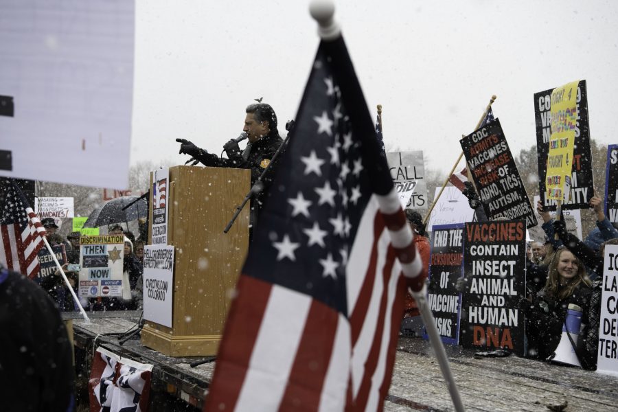 Greg Lopez, candidate for governor, speaks at a rally protesting the vaccine mandates. Nov. 1. The rally took place outside the Larimer County Health Department Offices, 1525 Blue Spruce Drive Fort Collins Colorado. (Garrett Mogel | The Collegian)