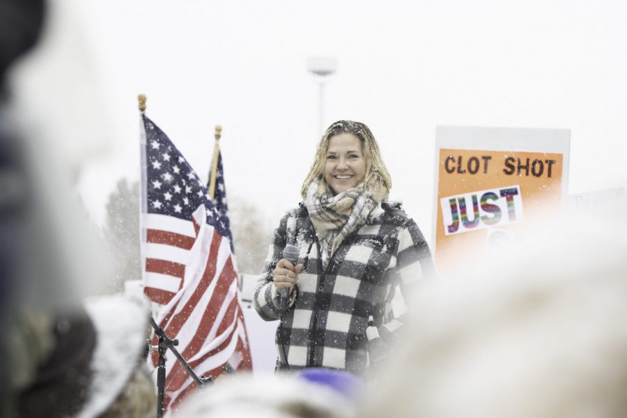 Danielle Neuschwanger speaks at a rally against vaccine mandates Nov. 1. The rally took place outside the Larimer County Health Department Offices, 1525 Blue Spruce Drive Fort Collins Colorado. (Garrett Mogel | The Collegian)