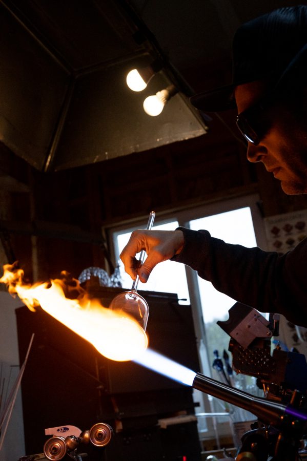 Bryan Ratcliffe works on his new line of mountain inspired drinking glasses