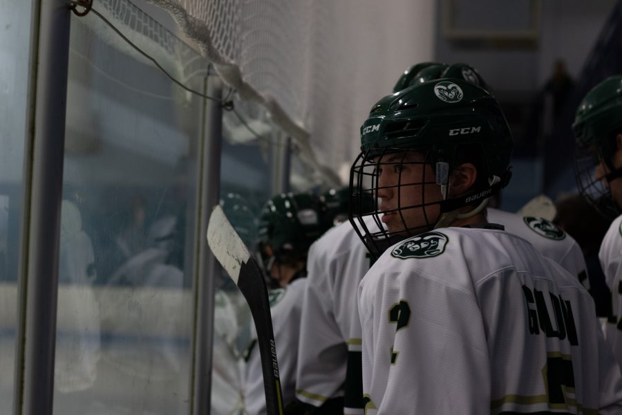 Kyle Golden (2) of Colorado State University looks at the rink before stepping out for a third period Nov 6. The game ended with University of Colorado winning 8-4 over CSU. (Grayson Reed | The Collegian)