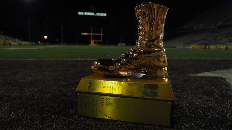 The Bronze Boot Trophy sits on the University of Wyoming football field Nov. 6, 2021. The Wyoming Cowboys beat the Rams 31-17.  