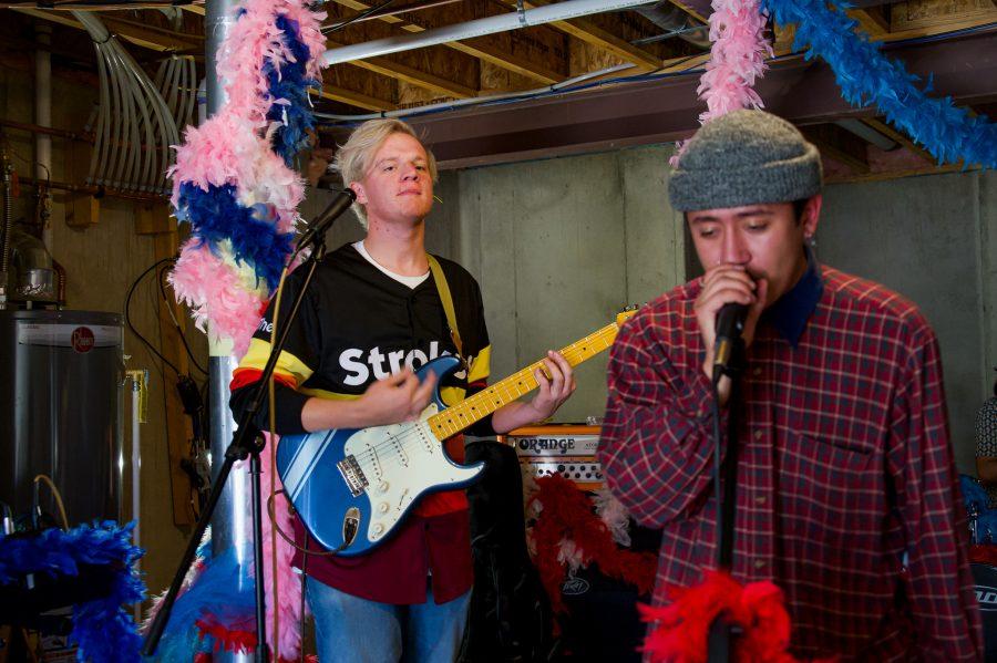 Violet Visionaries band members Jayden Yackey and Austin Dougherty practice new songs together Nov. 7. (Milo Gladstein | The Collegian)