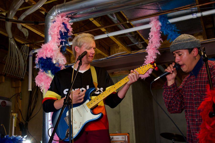 Violet Visionaries band members Jayden Yackey and Austin Dougherty practice new songs together Nov. 7. (Milo Gladstein | The Collegian)