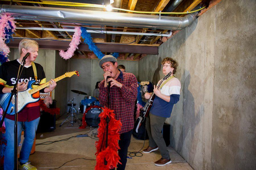 Violet Visionaries band members Jayden Yackey, Austin Dougherty, Andrew Broth, Garrett Yackey and Joshua McBride practice their song “Rollercoaster” Nov. 7. (Milo Gladstein | The Collegian)