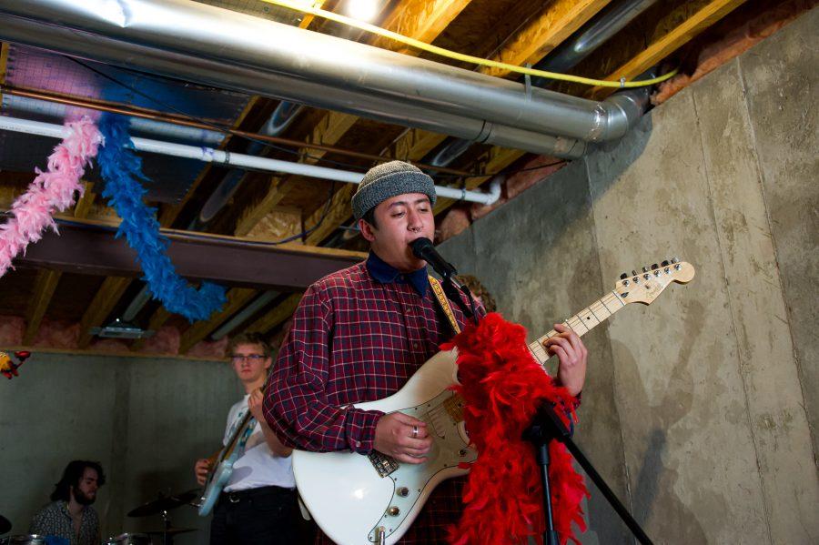 Violet Vissionaries band members Andrew Roth, Garret Yackey, and Austin Dougherty practice their song Rollercoster Nov. 7. (Milo Gladstein | The Collegian)