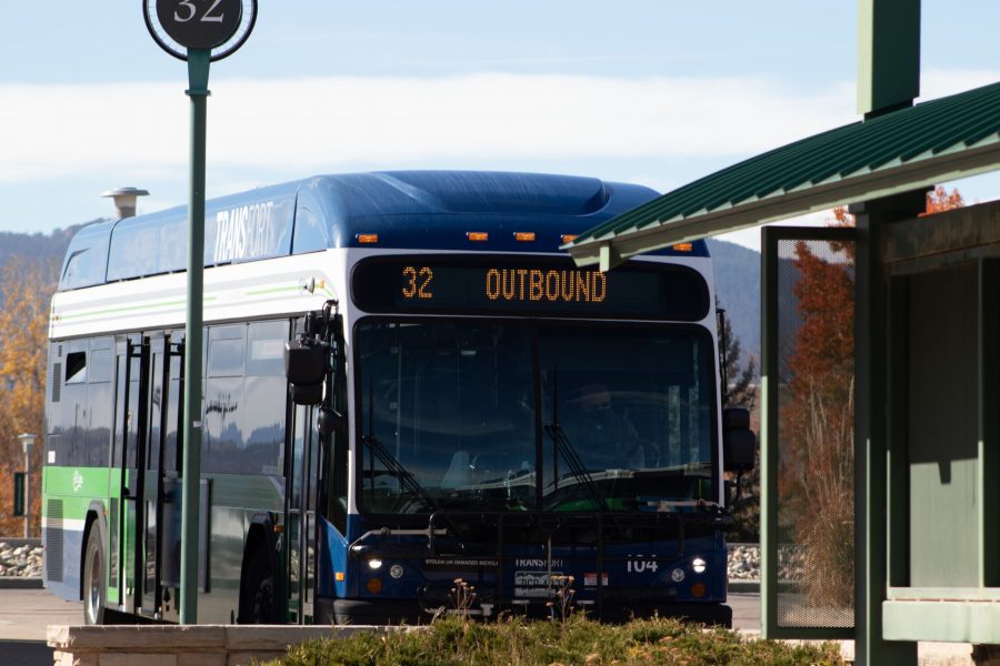 A bus parked at a bus stop by the Lory Student Center Nov. 12. (Mykyta Prykhodko | The Collegian)