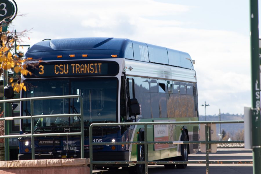 A bus parked at a bus stop by the Lory Student Center Nov. 12. (Mykyta Prykhodko | The Collegian)