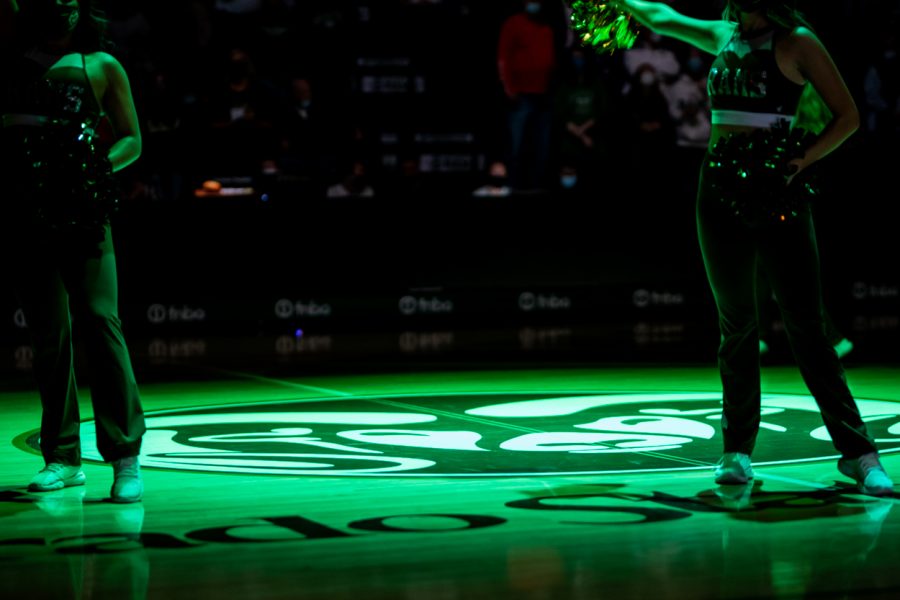 The Ram seal on the court of Moby Arena shines as Colorado State University’s starting lineup is announced.