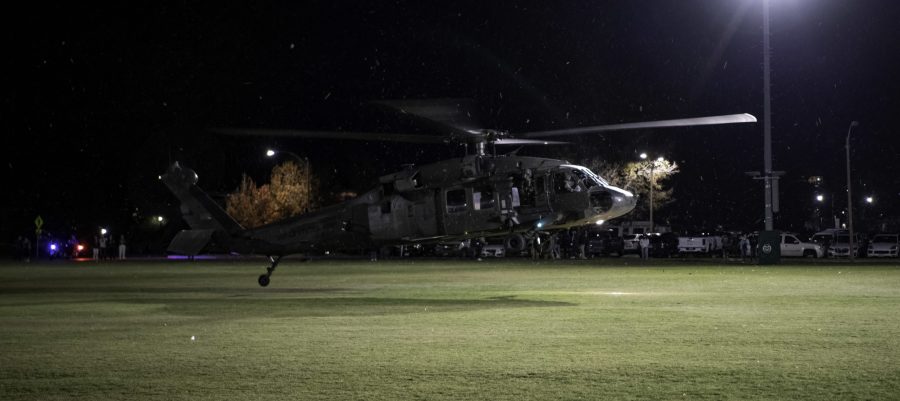 A UH-60L Black Hawk lifts off from the Colorado State University Intermural Fields with a flight crew of four consisting of Chief Warrant Officer 2 Nathan Bosso, Chief Warrant Officer 3 Hai ha Vu, Specialist Brian Torres and Specialist Nicholas Day Nov. 13. The helicopter was requisitioned by the CSU Army ROTC to make an appearance for military appreciation day as well as CSUs football game against Air Force which resulted in a win for Air Force (35-21). (Garrett Mogel | The Collegian)