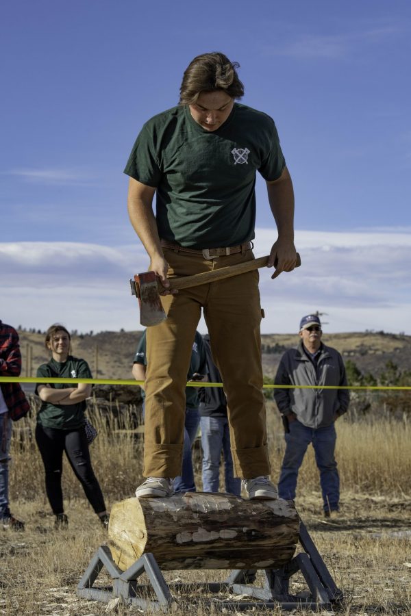 Chris Graham, vice president of the Colorado State University logging sports team chops at a log during a demonstration and community day Nov. 14. The team is nearly 100 years old winning several awards through their years of competition. (Garrett Mogel | The Collegian)