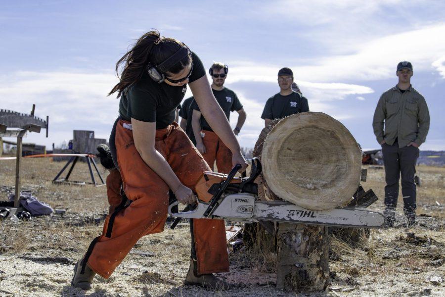 Miranda Zuvich, a member of the Colorado State University logging sports team cuts a “cookie” during a demonstration and community day Nov. 14. The team is nearly 100 years old winning several awards through their years of competition. (Garrett Mogel | The Collegian)