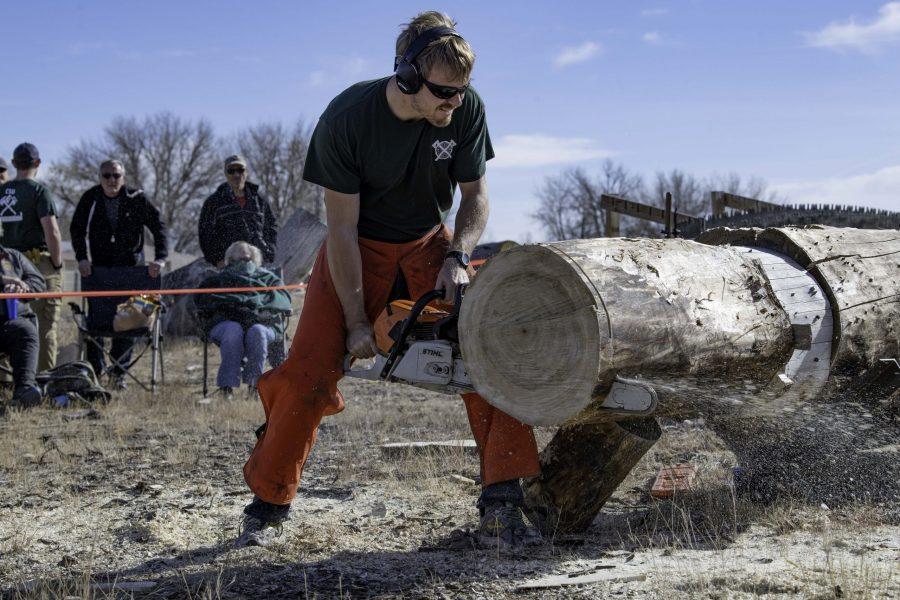 Josh Rudd, a member of the Colorado State University logging sports team cuts a “cookie” during a demonstration and community day Nov. 14. The team is nearly 100 years old winning several awards through their years of competition. (Garrett Mogel | The Collegian)