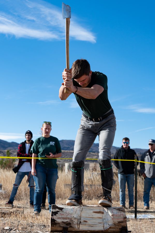 Member of the CSU Logging team Riley Knap chops through a log in the underhand chop event Nov. 14. The team has been around for 100 years and has won countless competitions. (Milo Gladstein | The Collegian)