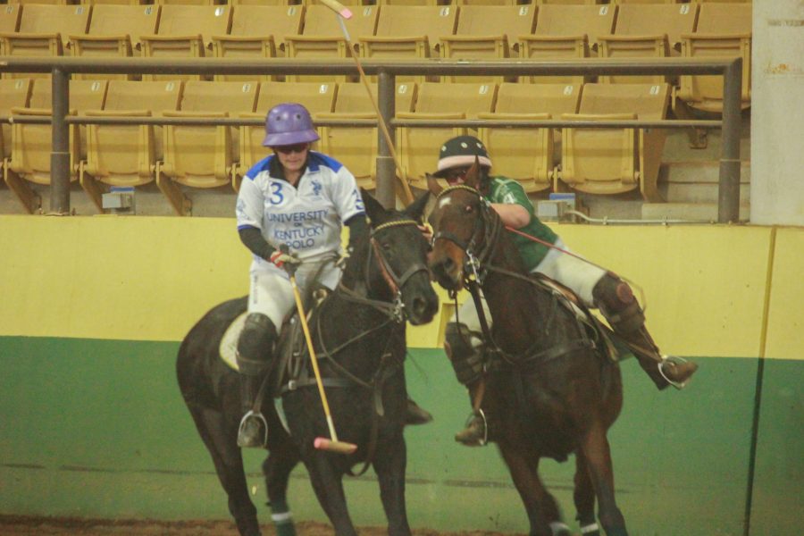 A CSU player tries to move the ball with the horse’s hooves.