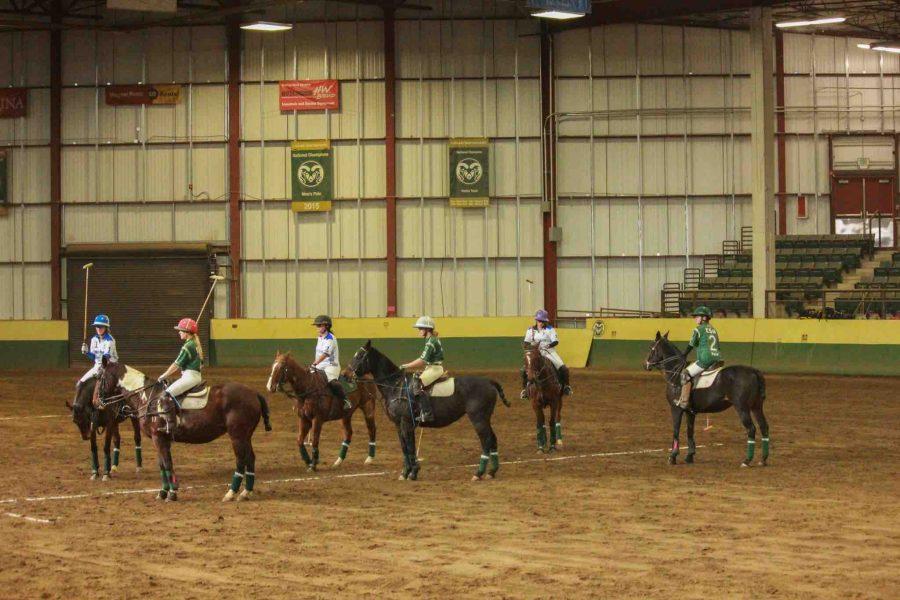 The players line up into parallel lines before the start of the second chukker.