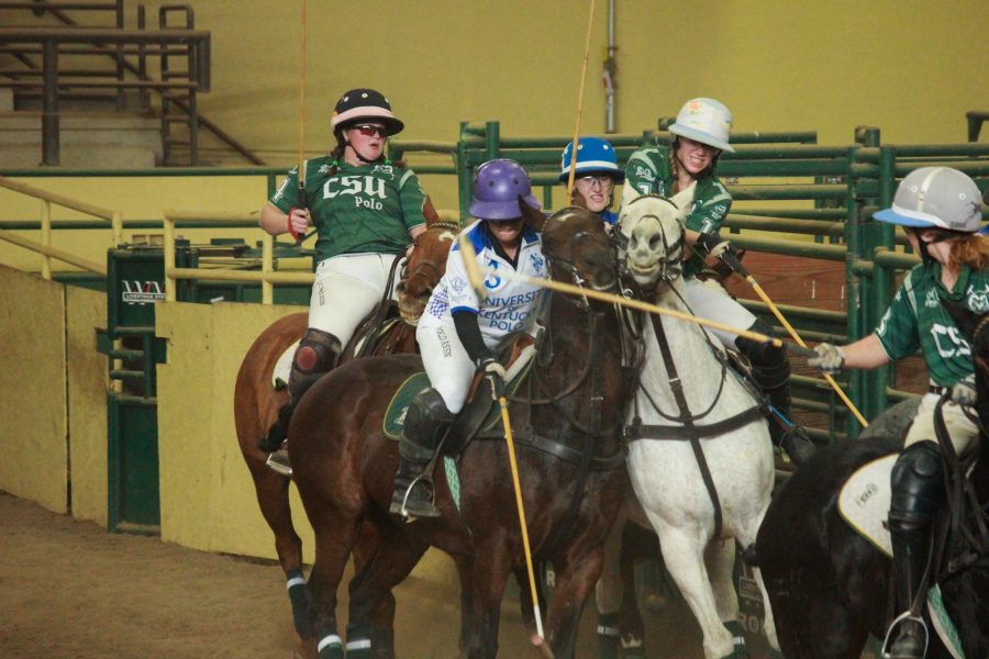 Horses are pushed together as the riders fight for the ball.