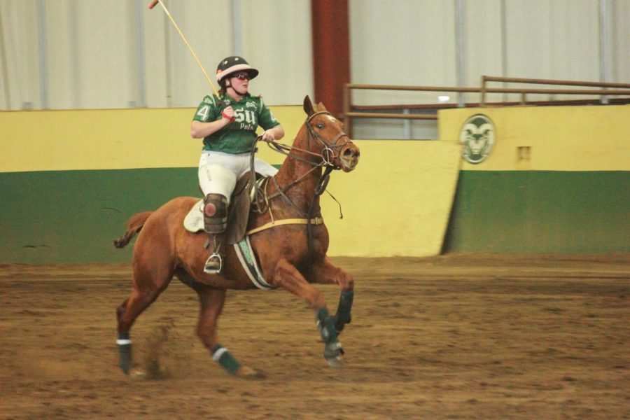 Player number 4 gallops across the arena.