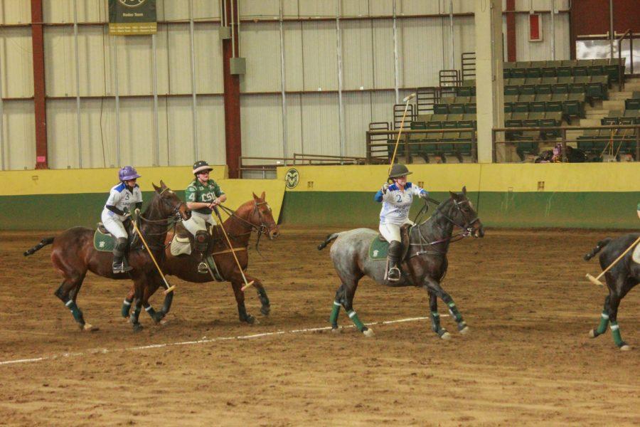 The riders gallop to the other side of the arena.