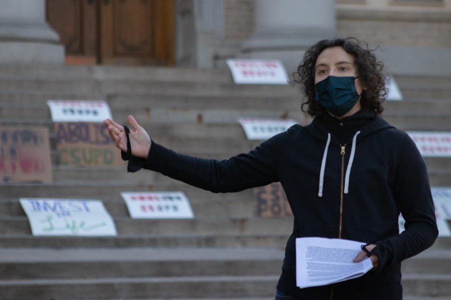 Hayley gives a speech to persuade Colorado State University to abolish the police force on campus in front of the administration building Nov 18.