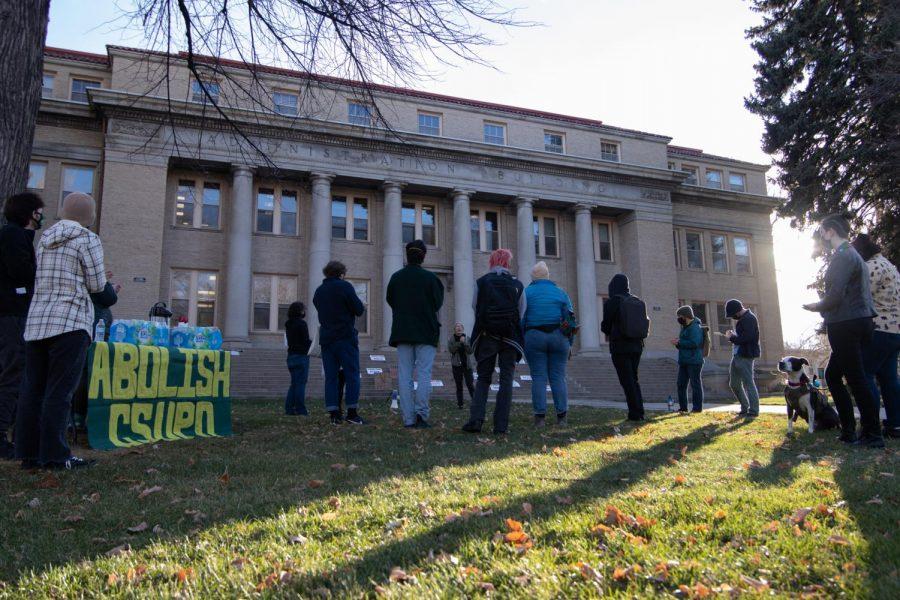 Supporters of the Cops off Campus Rally gather in front of Colorado State University’s administration building to abolish the campus police force Nov 18. The argument centers around having alternative programs for safety rather than armed police with a large budget of 3.2 million dollars. (Grayson Reed | The Collegian)