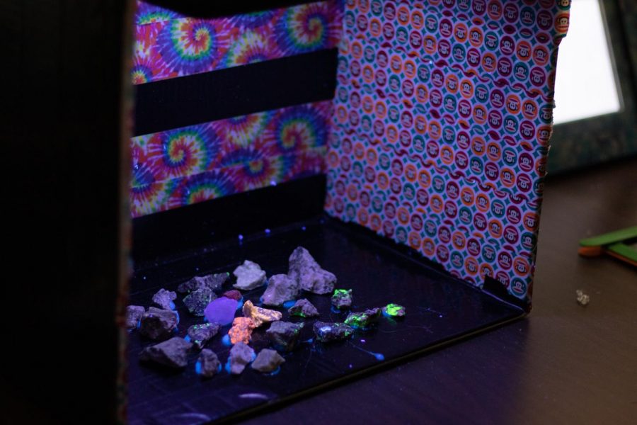 Different rocks under Ultraviolet light to show different colors assembled by Lauren Big Crow, a teacher from the Red Cloud Indian School during a Little Shop of Physics workshop at Colorado State University Nov 20. The LSOP workshop taught and encouraged high school students to create experiments using simple household materials that show off their understandings of physics. (Grayson Reed |The Collegian)