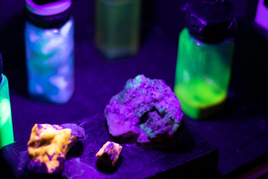 Different rocks under Ultraviolet light to show different colors at the dark room of Colorado State University’s Little Shop of Physics Nov 20. (Grayson Reed |The Collegian)