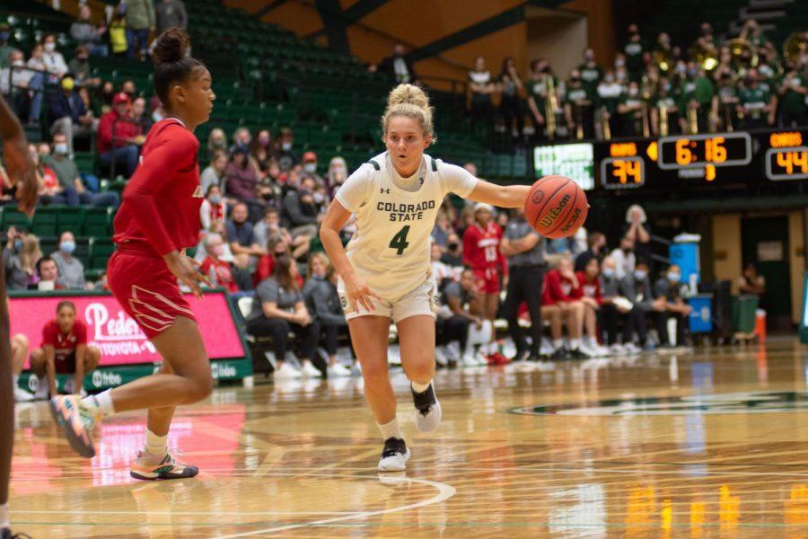 McKenna Hofschild (4) Colorado State Ram dribbling down the court during a game against the Louisville Cardinals Nov. 28.